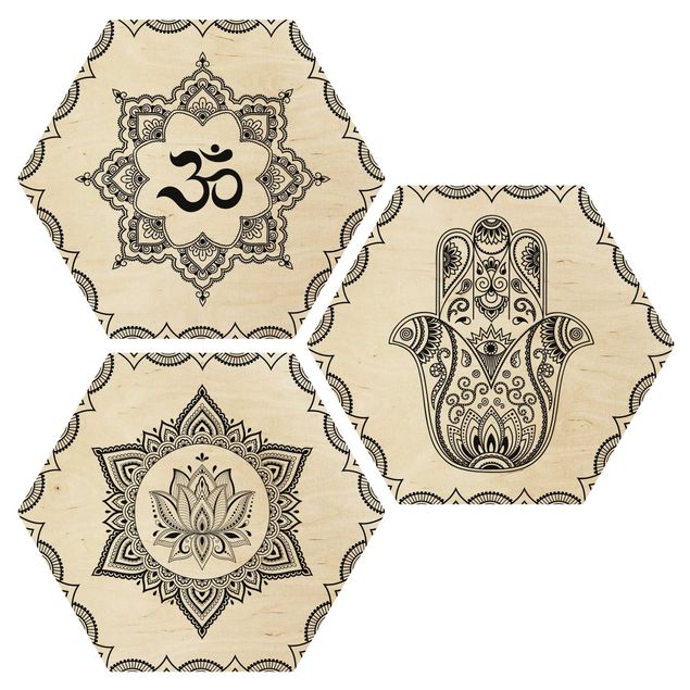 quadros em madeira para decoração Hamsa Hand Lotus OM Illustration Set Black And White