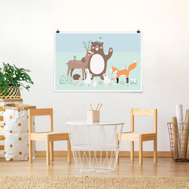 Quadros veados Forest Friends with forest animals blue