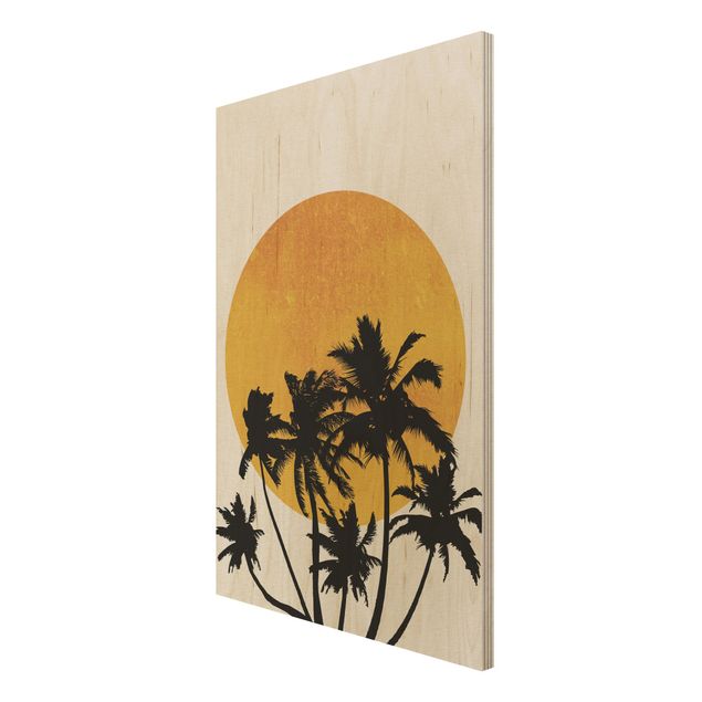Quadros em madeira paisagens Palm Trees In Front Of Golden Sun