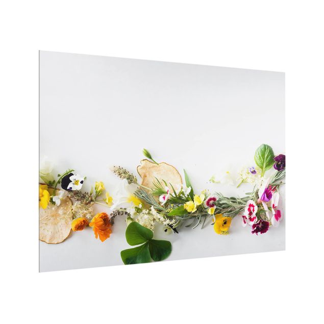 Painel anti-salpicos de cozinha temperos e ervas aromáticas Fresh Herbs With Edible Flowers