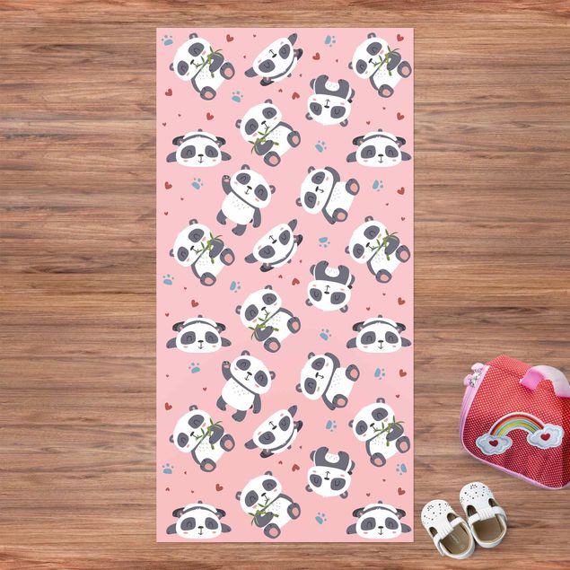 Tapete para varandas Cute Panda With Paw Prints And Hearts Pastel Pink