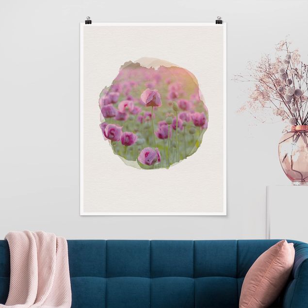 Quadros papoilas WaterColours - Violet Poppy Flowers Meadow In Spring