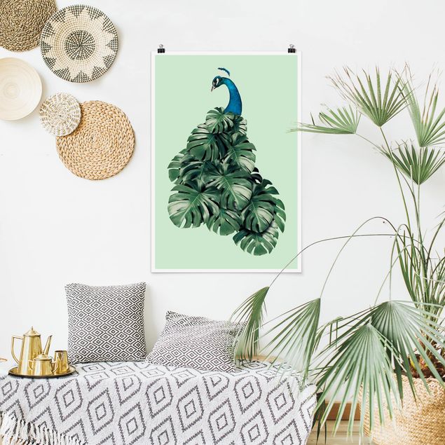 Posters flores Peacock With Monstera Leaves