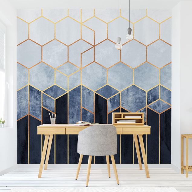papel de parede moderno Golden Hexagons Blue White