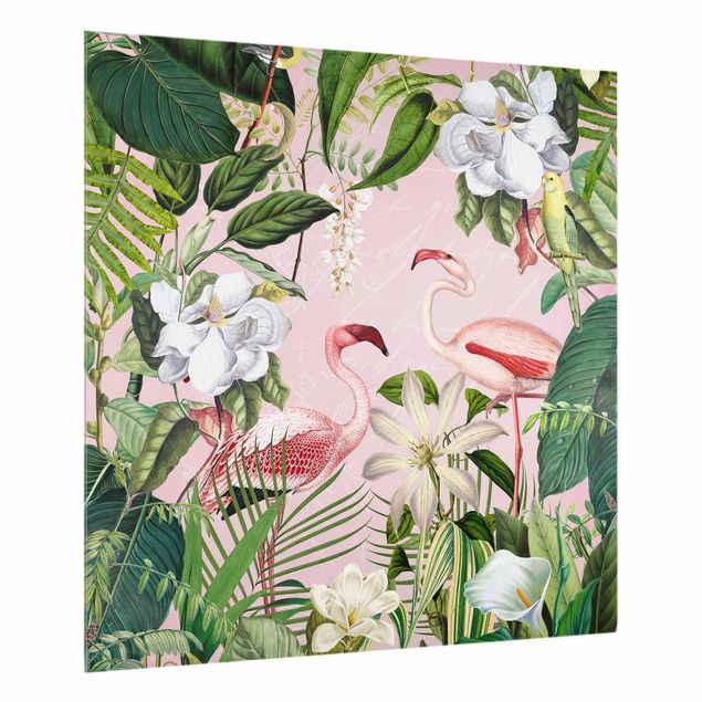painel anti salpicos cozinha Tropical Flamingos With Plants In Pink