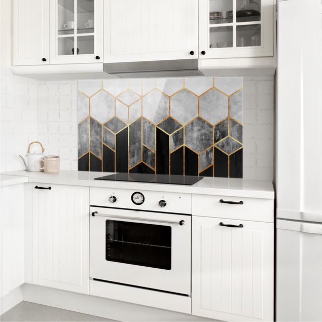 Painel anti-salpicos de cozinha padrões Golden Hexagons Black And White