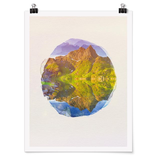 Posters paisagens WaterColours - Mountain Landscape With Water Reflection In Norway