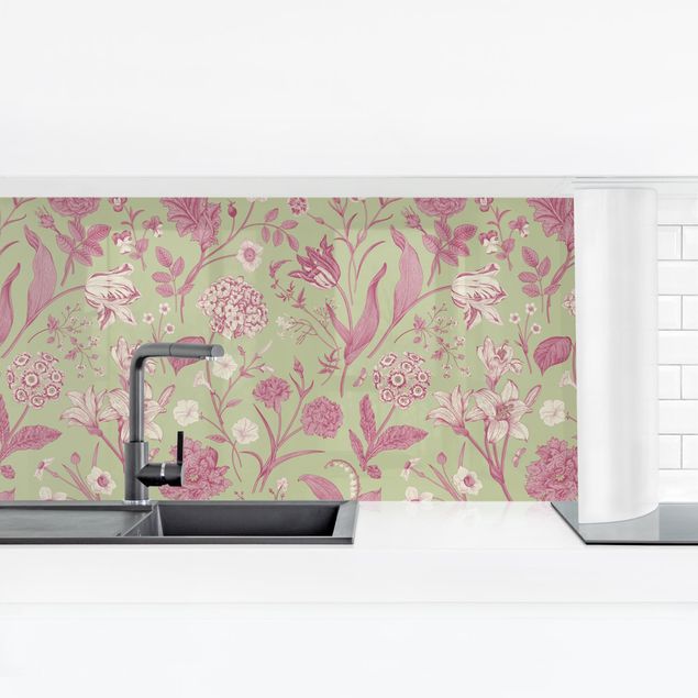 backsplash cozinha Flower Dance In Mint Green And Pink Pastel