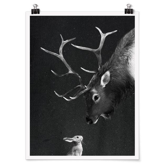 Posters em preto e branco Illustration Deer And Rabbit Black And White Drawing