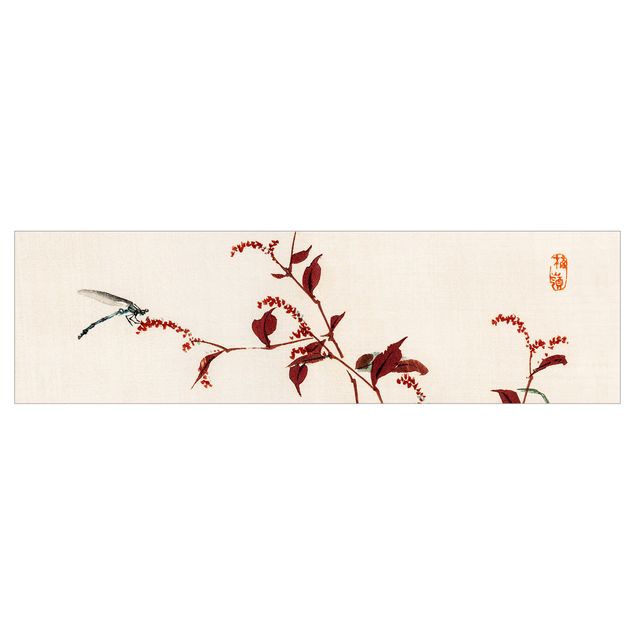 Backsplash de cozinha Asian Vintage Drawing Red Branch With Dragonfly