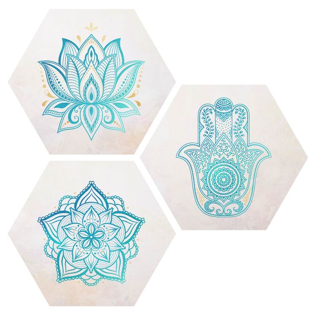 Quadros zen Mandala Hamsa Hand Lotus Set Gold Blue