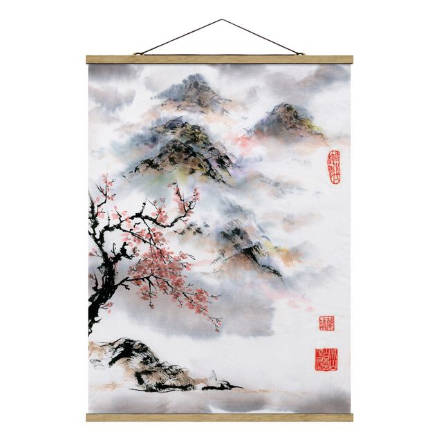 quadro com paisagens Japanese Watercolour Drawing Cherry Tree And Mountains