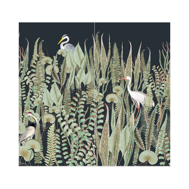 Revestimento de parede para duche Flamingo And Stork With Plants On Green