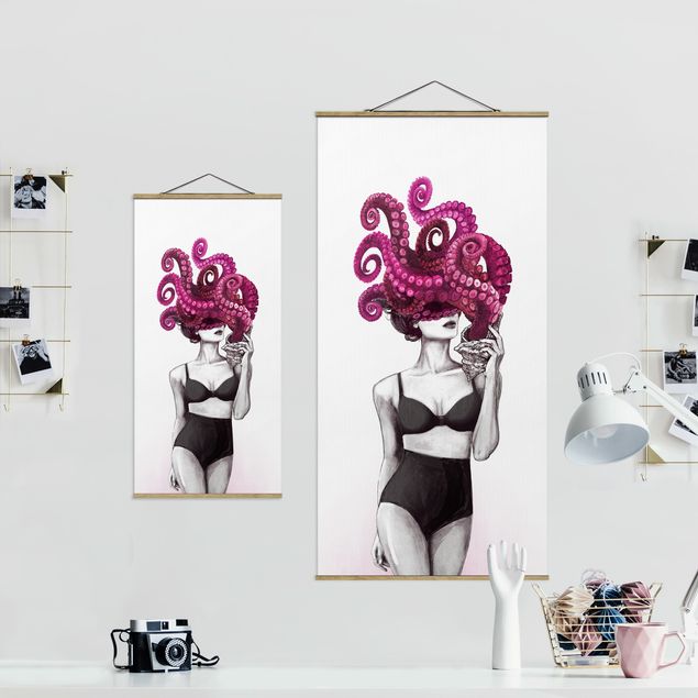 Quadros de Laura Graves Art Illustration Woman In Underwear Black And White Octopus