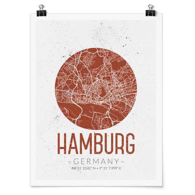 Posters cidades e paisagens urbanas Hamburg City Map - Retro