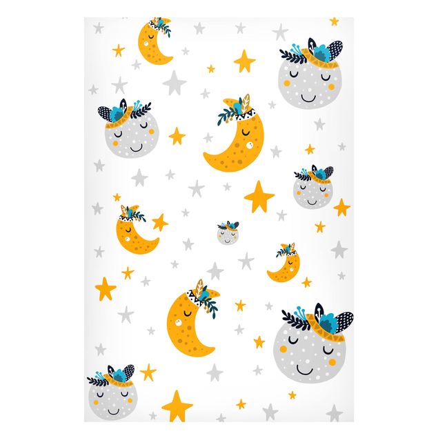 Quadros Indianos Sleaping Friends Moon And Stars With Frame
