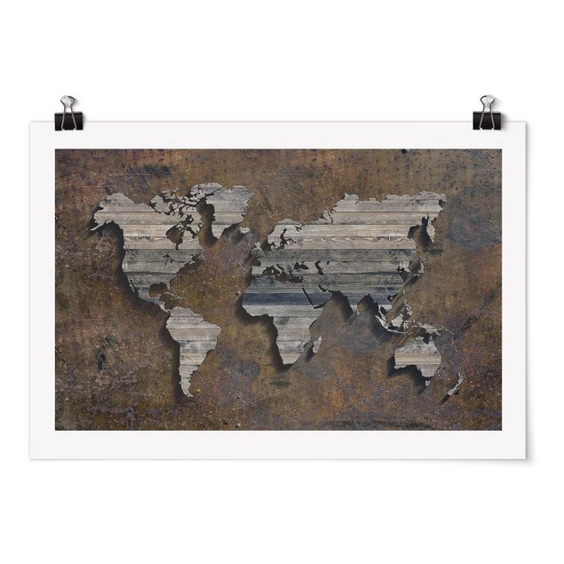 Quadros estilo industrial Wooden Grid World Map