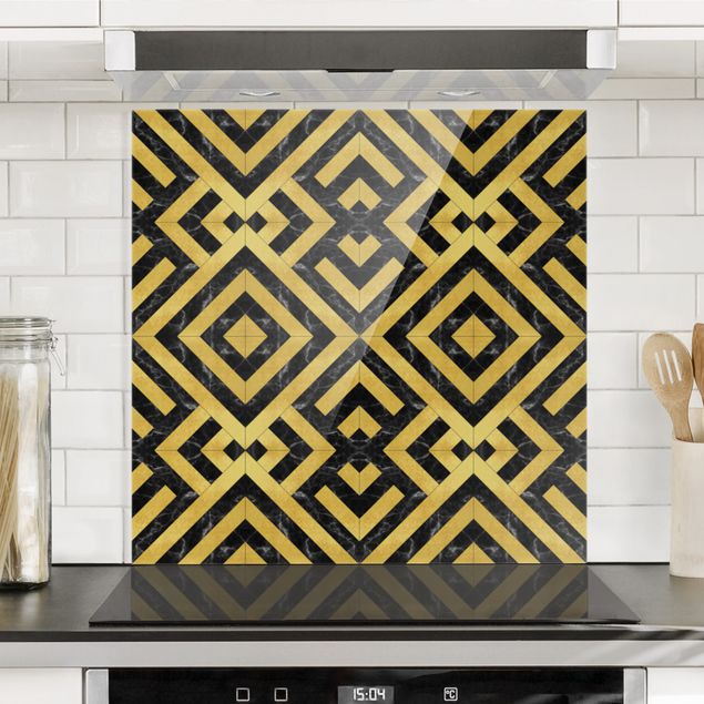 decoraçoes cozinha Geometrical Tile Mix Art Deco Gold Black Marble