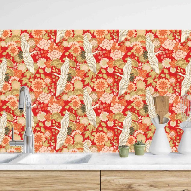 decoraçao para parede de cozinha Cranes And Chrysanthemums Red