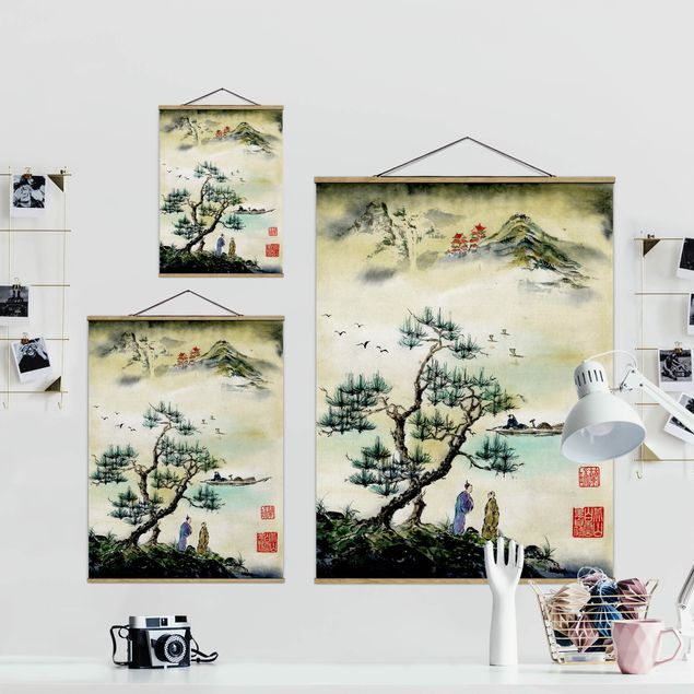 Quadros retro Japanese Watercolour Drawing Pine And Mountain Village