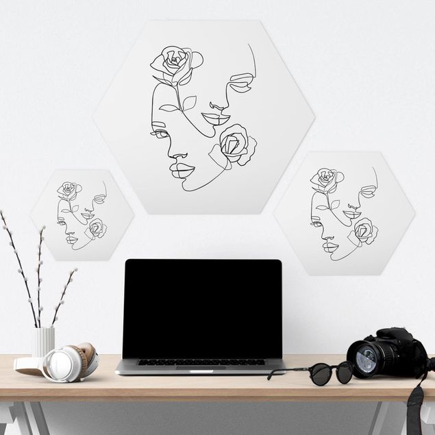 Quadros hexagonais Line Art Faces Women Roses Black And White