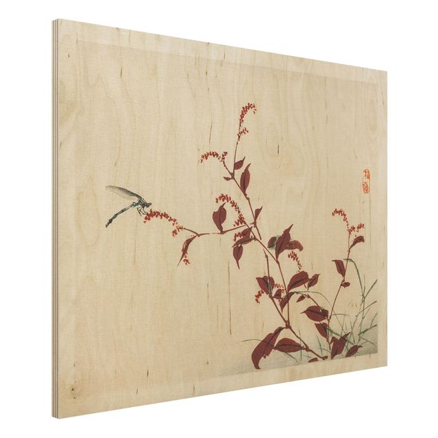 decoraçao para parede de cozinha Asian Vintage Drawing Red Branch With Dragonfly