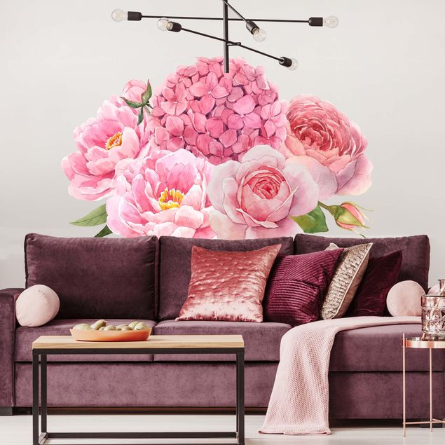 Autocolantes de parede rosas Watercolour Hydrangea Rose Bouquet XXL