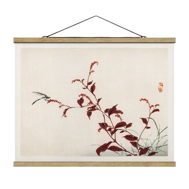 Quadros retro Asian Vintage Drawing Red Branch With Dragonfly