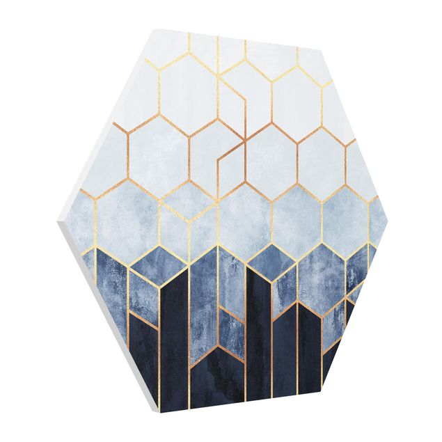 quadros abstratos modernos Golden Hexagons Blue White