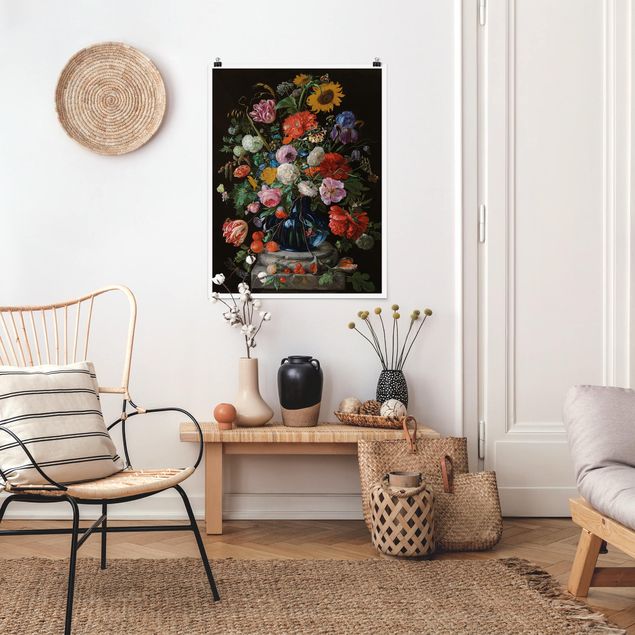 Quadros por movimento artístico Jan Davidsz de Heem - Tulips, a Sunflower, an Iris and other Flowers in a Glass Vase on the Marble Base of a Column
