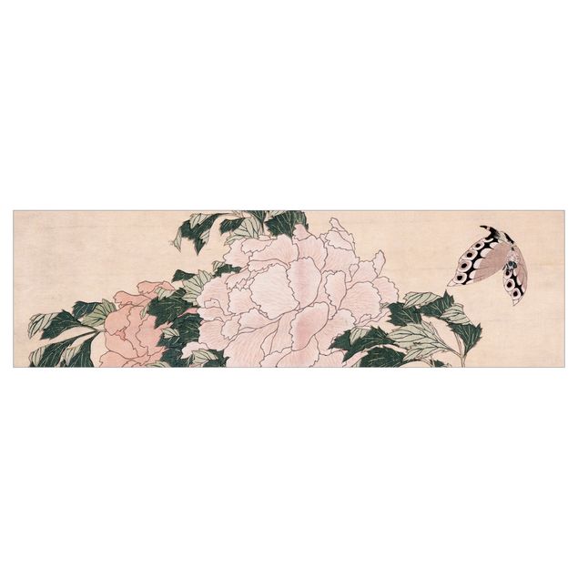 Películas autocolantes Katsushika Hokusai - Pink Peonies With Butterfly
