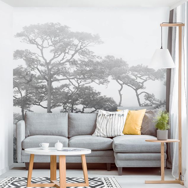 papel de parede para quarto de casal moderno Treetops In Fog Black And White