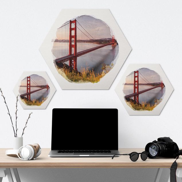 Quadros hexagonais WaterColours - Golden Gate Bridge In San Francisco