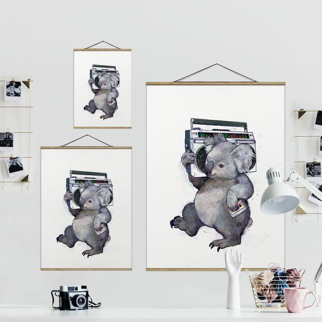Quadros animais Illustration Koala With Radio Painting