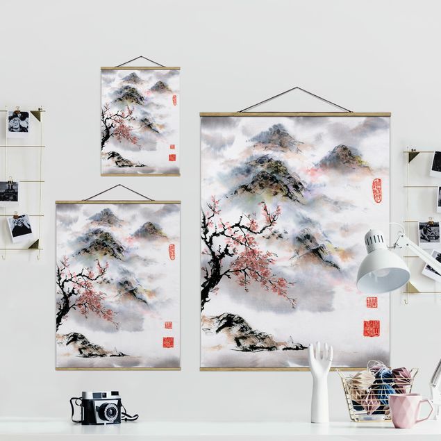 quadros de flores Japanese Watercolour Drawing Cherry Tree And Mountains