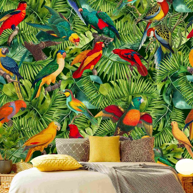 papel de parede floral Colourful Collage - Parrots In The Jungle