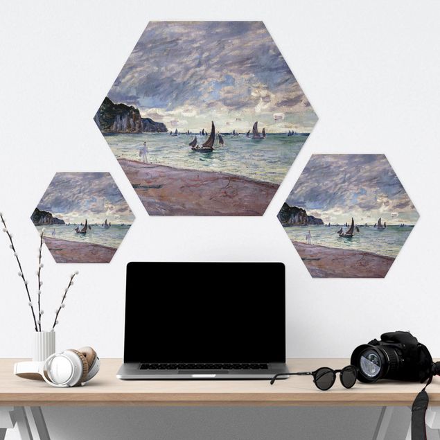 quadros decorativos para sala modernos Claude Monet - Fishing Boats In Front Of The Beach And Cliffs Of Pourville
