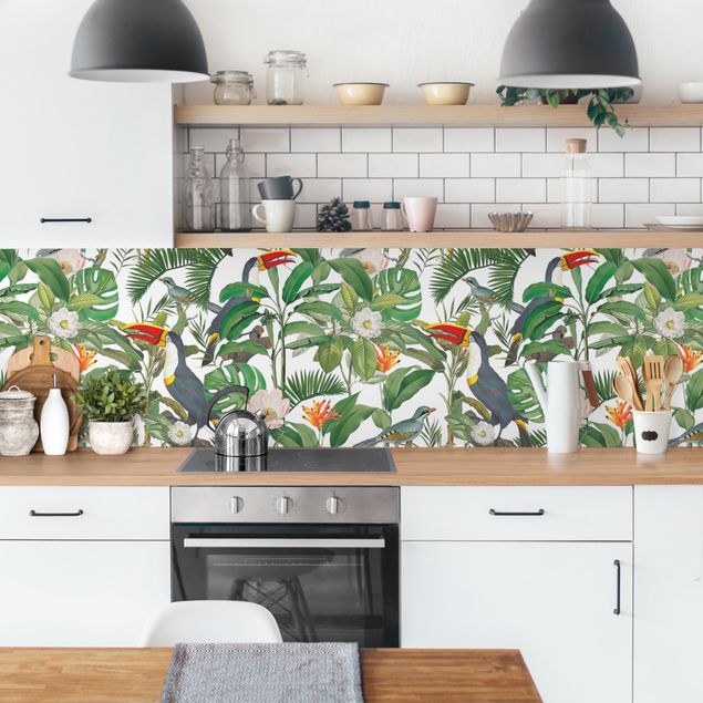 Quadros de Andrea Haase Tropical Toucan With Monstera And Palm Leaves