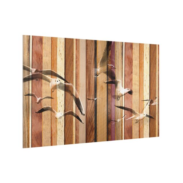 Painel anti-salpicos de cozinha imitação madeira Seagulls
