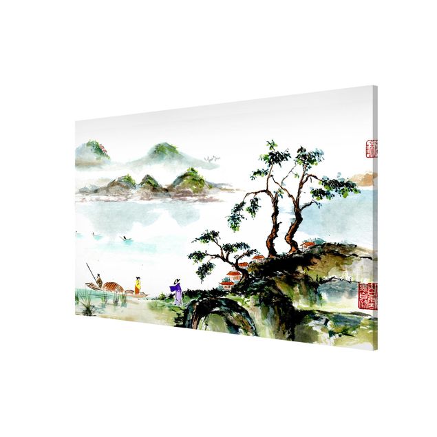 quadro com paisagens Japanese Watercolour Drawing Lake And Mountains