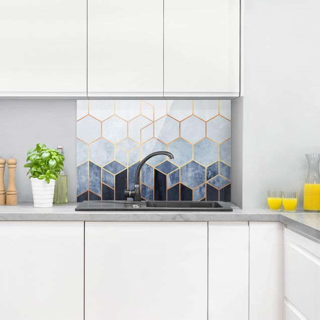 Painel anti-salpicos de cozinha padrões Golden Hexagons Blue White