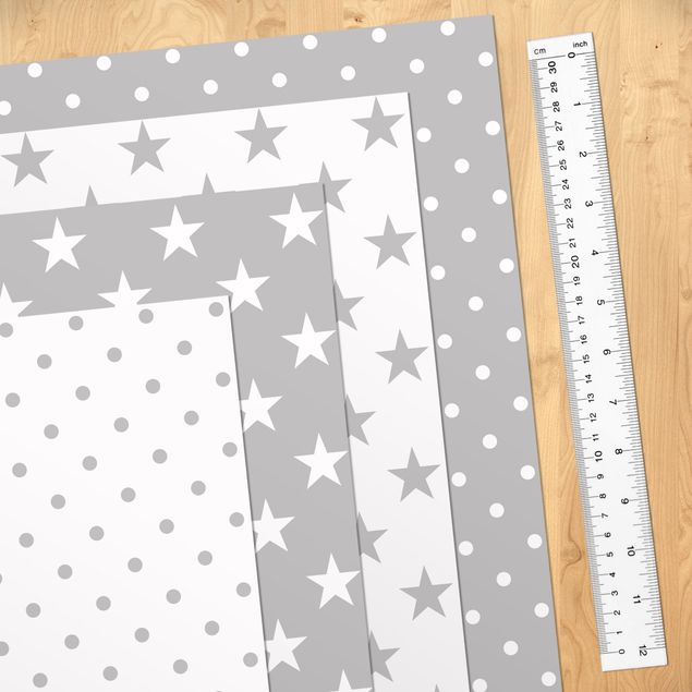Papel autocolante para móveis em cinza Grey White Stars And Dots In 4 Variations