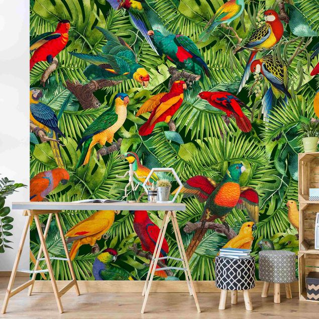 papel de parede para quarto de casal moderno Colourful Collage - Parrots In The Jungle