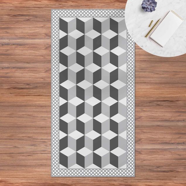 Tapete para varandas Geometrical Tiles Illusion Of Stairs In Grey With Border