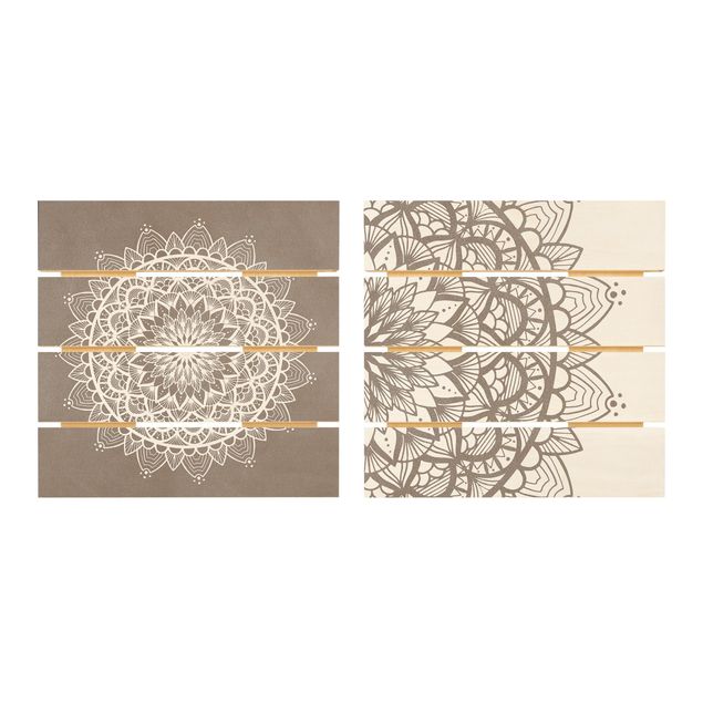 Quadros em madeira 2 partes Mandala Illustration Shabby Set Beige White