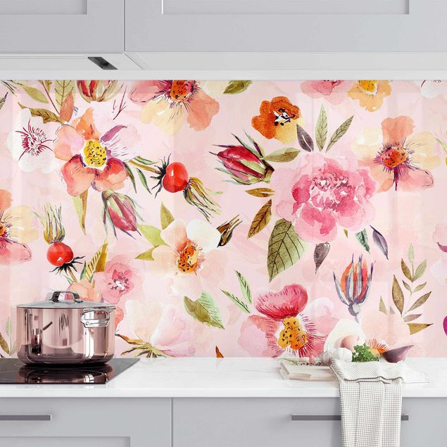 decoraçoes cozinha Watercolour Flowers On Light Pink