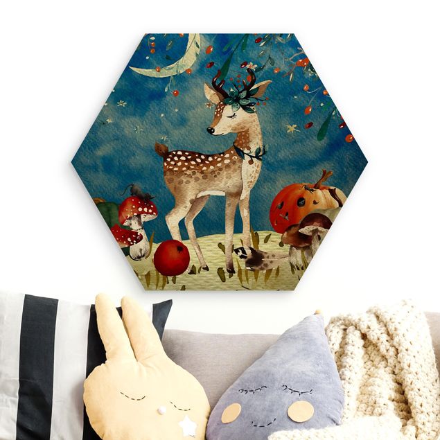 decoração para quartos infantis Watercolor Deer In The Moonlight