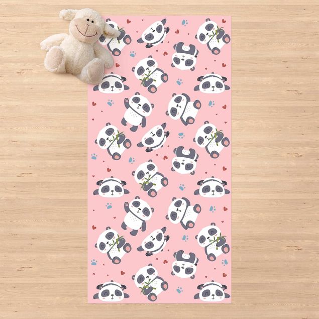Tapetes exteriores Cute Panda With Paw Prints And Hearts Pastel Pink