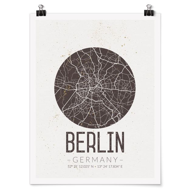 Posters em preto e branco City Map Berlin - Retro