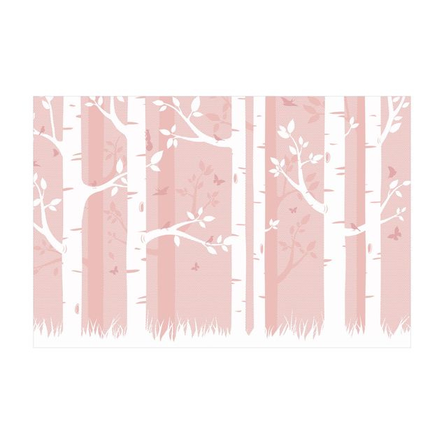 Tapete natural Pink Birch Forest With Butterflies And Birds